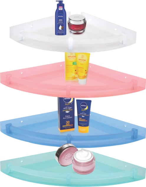 Nano corner shelves shown in white, pink, blue and green